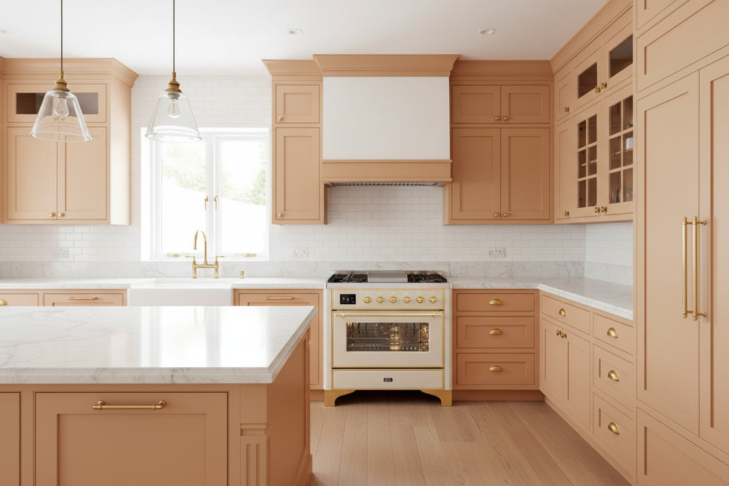 Ilve UM09FDNS3AWG Majestic II 36 Inch Freestanding Dual Fuel Range Cooker with 6 Brass Burners, Griddle, Convection Electric Oven, and Antique White with Brass Trim