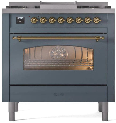 Ilve UP36FNMPBGGLP 36 in Nostalgie II Dual Fuel Range, 6 Burners, Griddle, Convection Oven, Blue Grey, Brass, LP Gas