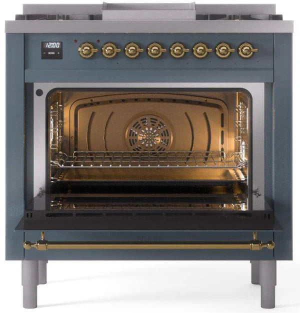 Ilve UP36FNMPBGGLP 36 in Nostalgie II Dual Fuel Range, 6 Burners, Griddle, Convection Oven, Blue Grey, Brass, LP Gas