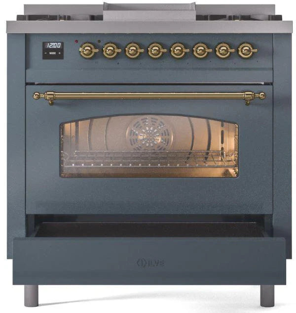 Ilve UP36FNMPBGGLP 36 in Nostalgie II Dual Fuel Range, 6 Burners, Griddle, Convection Oven, Blue Grey, Brass, LP Gas