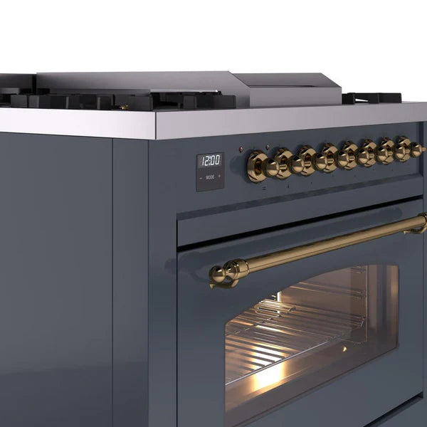 Ilve UP36FNMPBGGLP 36 in Nostalgie II Dual Fuel Range, 6 Burners, Griddle, Convection Oven, Blue Grey, Brass, LP Gas
