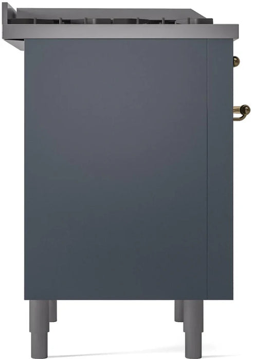 Ilve UP36FNMPBGGLP 36 in Nostalgie II Dual Fuel Range, 6 Burners, Griddle, Convection Oven, Blue Grey, Brass, LP Gas