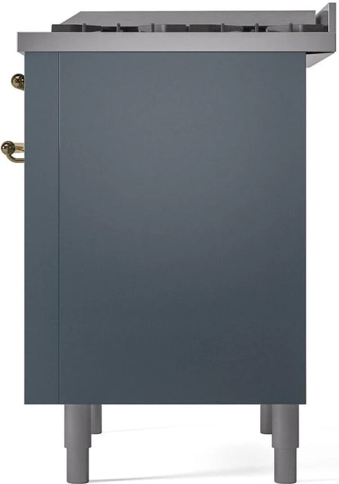 Ilve UP36FNMPBGGLP 36 in Nostalgie II Dual Fuel Range, 6 Burners, Griddle, Convection Oven, Blue Grey, Brass, LP Gas