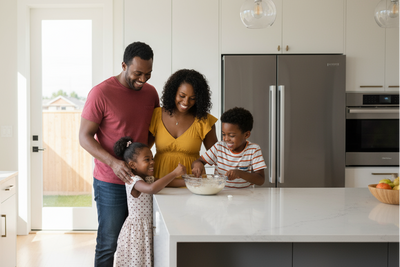 black family in kitchen  - the man wearing a red shirt