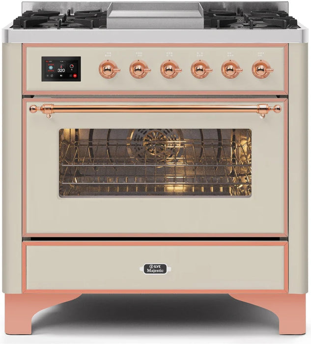Ilve UM09FDNS3AWP Majestic II 36 Inch Freestanding Dual Fuel Range Cooker with 6 Brass Burners, Griddle, Convection Electric Oven, and Antique White with Copper Trim