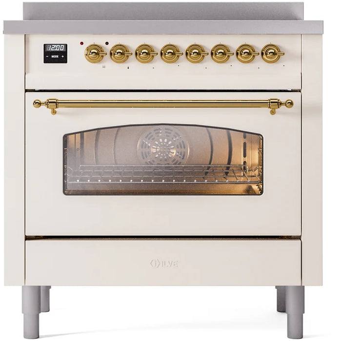 Ilve UPI366NMPAWG 36 in Nostalgie II Induction Range, 6 Elements, Convection Oven, Antique White, Brass