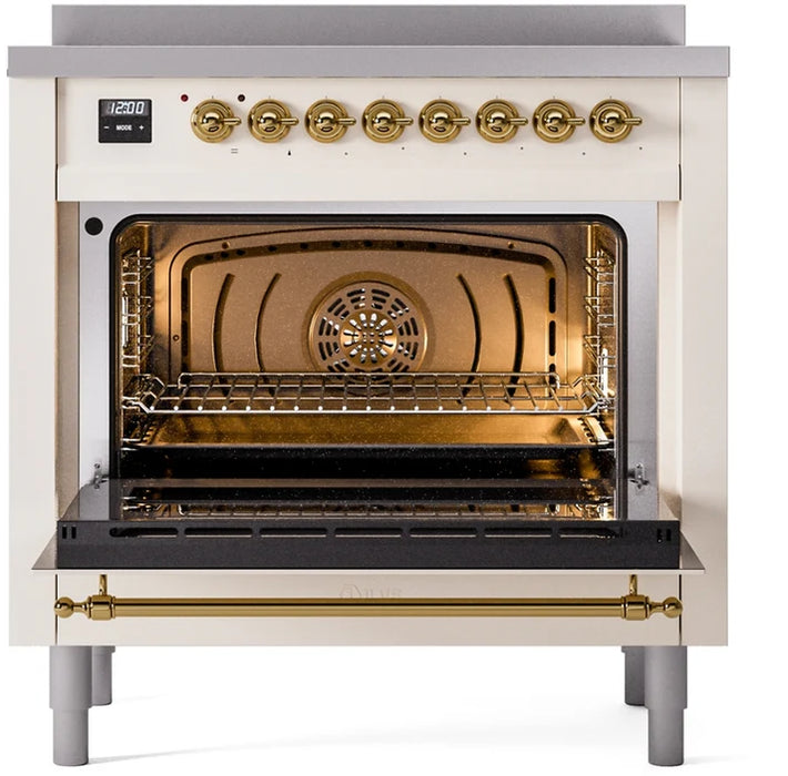 Ilve UPI366NMPAWG 36 in Nostalgie II Induction Range, 6 Elements, Convection Oven, Antique White, Brass