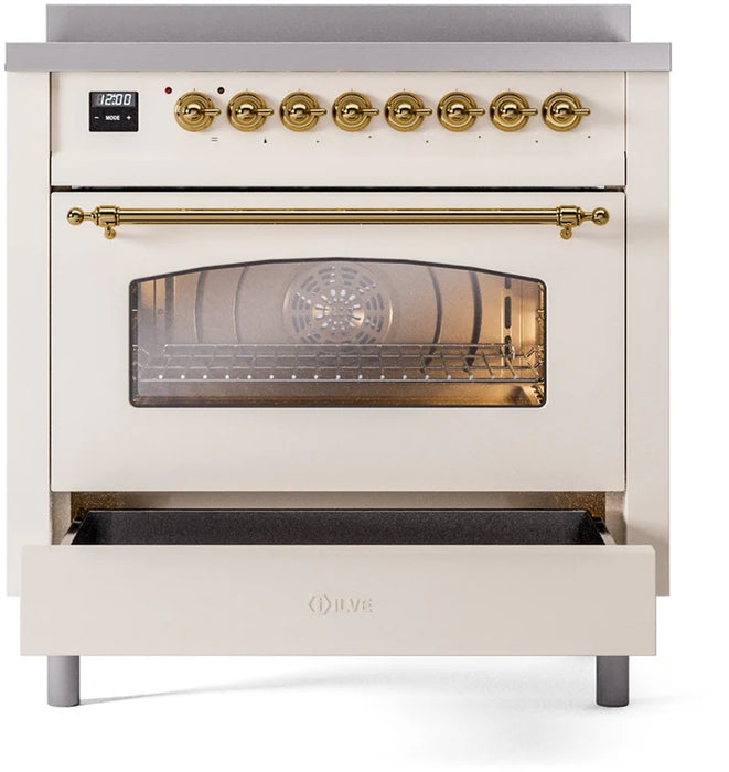 Ilve UPI366NMPAWG 36 in Nostalgie II Induction Range, 6 Elements, Convection Oven, Antique White, Brass