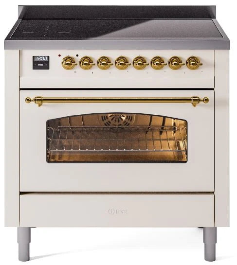Ilve UPI366NMPAWG 36 in Nostalgie II Induction Range, 6 Elements, Convection Oven, Antique White, Brass