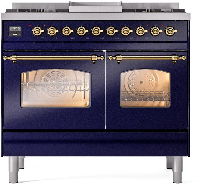 Ilve UPD40FNMPMBG 40 in Nostalgie II Dual Fuel Range, 6 Burners, Griddle, Double Oven, Midnight Blue, Brass