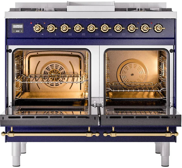 Ilve UPD40FNMPMBG 40 in Nostalgie II Dual Fuel Range, 6 Burners, Griddle, Double Oven, Midnight Blue, Brass