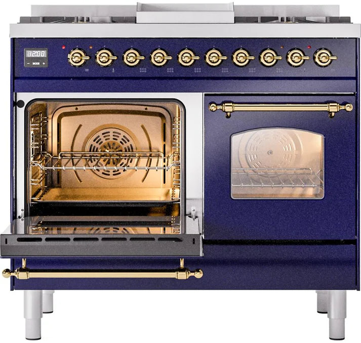 Ilve UPD40FNMPMBG 40 in Nostalgie II Dual Fuel Range, 6 Burners, Griddle, Double Oven, Midnight Blue, Brass