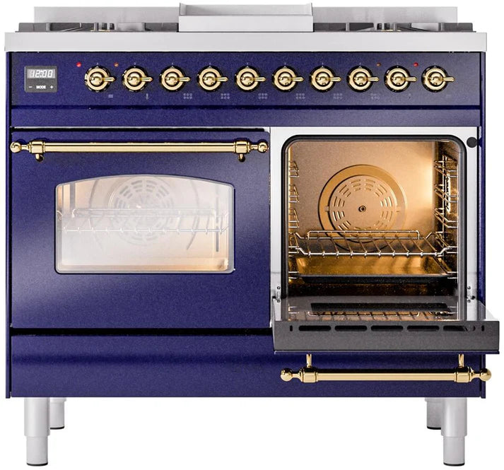 Ilve UPD40FNMPMBG 40 in Nostalgie II Dual Fuel Range, 6 Burners, Griddle, Double Oven, Midnight Blue, Brass
