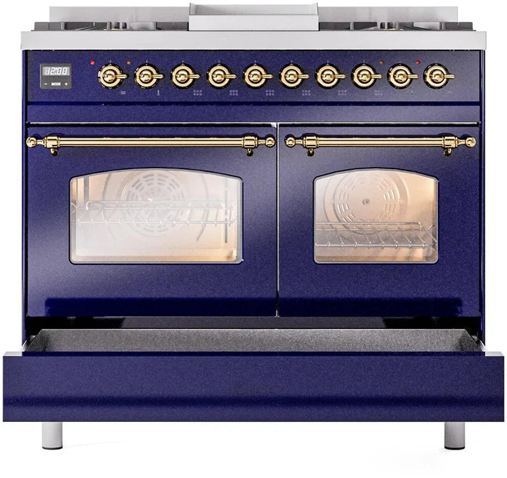 Ilve UPD40FNMPMBG 40 in Nostalgie II Dual Fuel Range, 6 Burners, Griddle, Double Oven, Midnight Blue, Brass