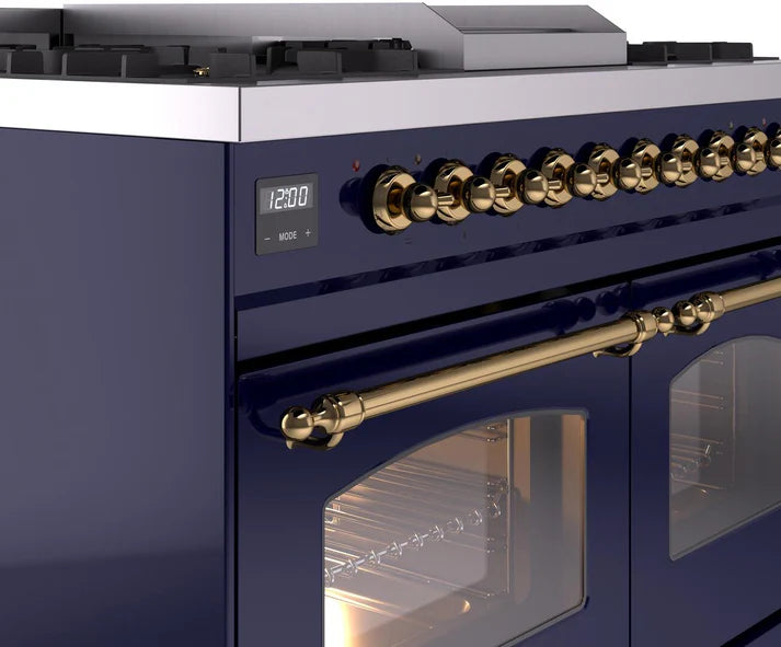 Ilve UPD40FNMPMBG 40 in Nostalgie II Dual Fuel Range, 6 Burners, Griddle, Double Oven, Midnight Blue, Brass