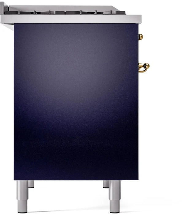 Ilve UPD40FNMPMBG 40 in Nostalgie II Dual Fuel Range, 6 Burners, Griddle, Double Oven, Midnight Blue, Brass