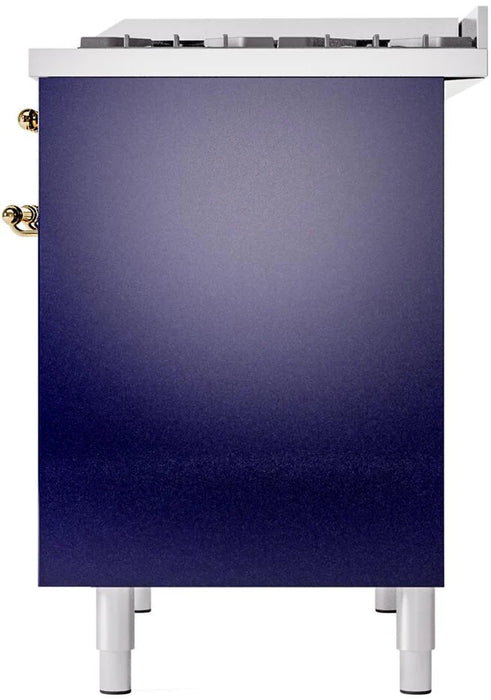 Ilve UPD40FNMPMBG 40 in Nostalgie II Dual Fuel Range, 6 Burners, Griddle, Double Oven, Midnight Blue, Brass