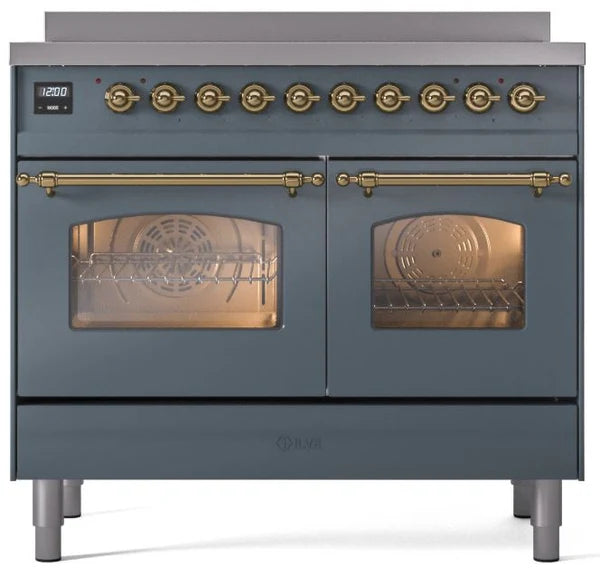 Ilve UPDI406NMPBGG 40 in Nostalgie II Induction Range, 6 Elements, Double Oven, Blue Grey, Brass