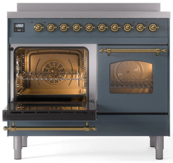 Ilve UPDI406NMPBGG 40 in Nostalgie II Induction Range, 6 Elements, Double Oven, Blue Grey, Brass