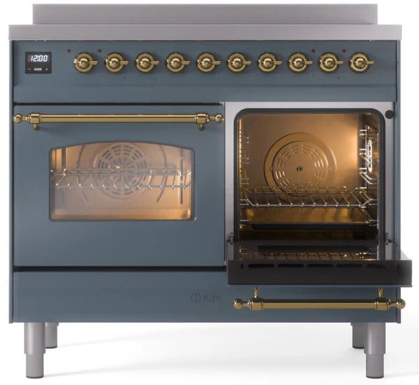 Ilve UPDI406NMPBGG 40 in Nostalgie II Induction Range, 6 Elements, Double Oven, Blue Grey, Brass