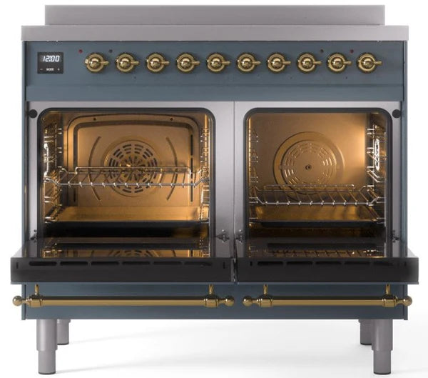 Ilve UPDI406NMPBGG 40 in Nostalgie II Induction Range, 6 Elements, Double Oven, Blue Grey, Brass