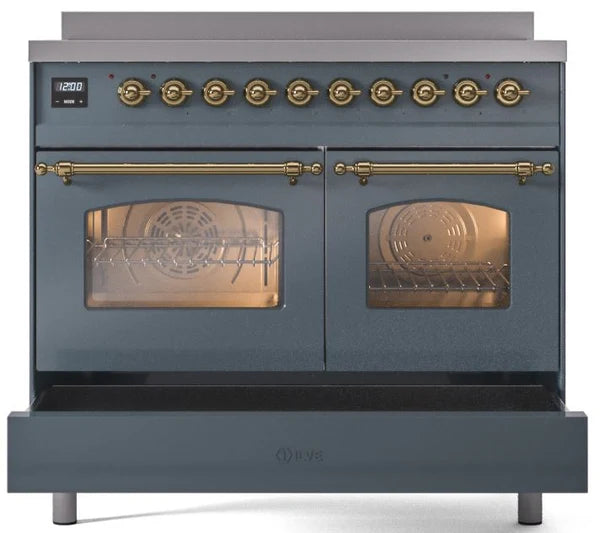 Ilve UPDI406NMPBGG 40 in Nostalgie II Induction Range, 6 Elements, Double Oven, Blue Grey, Brass