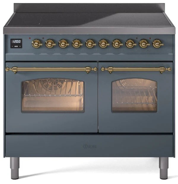 Ilve UPDI406NMPBGG 40 in Nostalgie II Induction Range, 6 Elements, Double Oven, Blue Grey, Brass