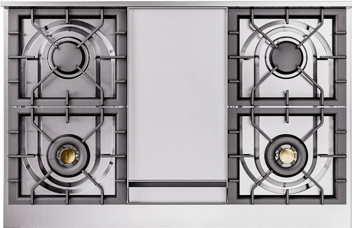 Ilve UPD40FNMPSSGLP 40 in Nostalgie II Dual Fuel Range, 6 Burners, Griddle, Double Oven, Stainless Steel, Brass, LP Gas