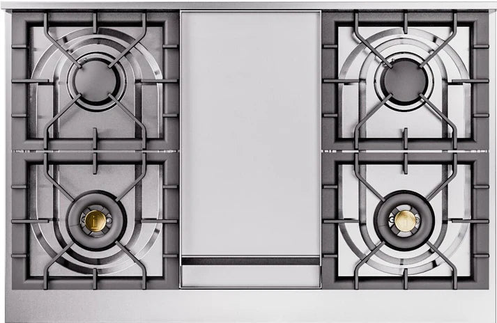 Ilve UPD40FNMPBKGLP 40 in Nostalgie II Dual Fuel Range, 6 Burners, Griddle, Double Oven, Glossy Black, Brass, LP Gas
