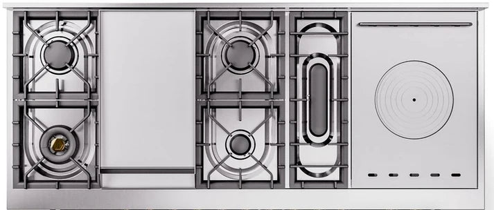 Ilve UP60FNMPBGG 60 in Nostalgie II Dual Fuel Range, 9 Burners, Griddle, Double Oven, Blue Grey, Brass