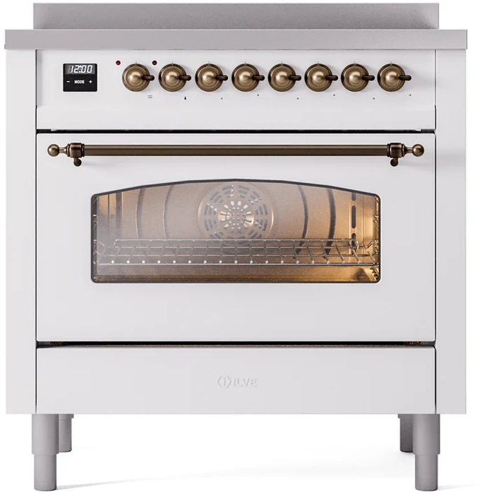 Ilve UPI366NMPWHB 36 in Nostalgie II Induction Range, 6 Elements, Triple Glass Door, White, Burnished Trim
