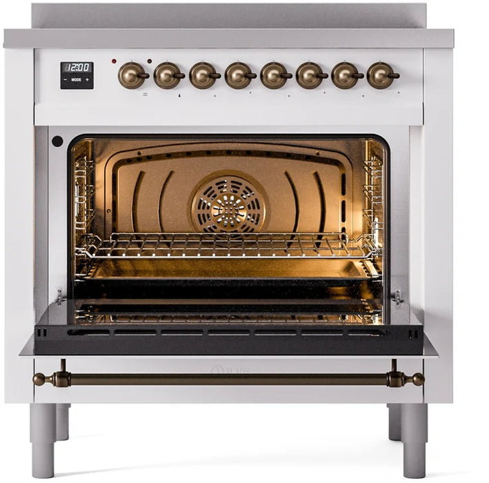 Ilve UPI366NMPWHB 36 in Nostalgie II Induction Range, 6 Elements, Triple Glass Door, White, Burnished Trim