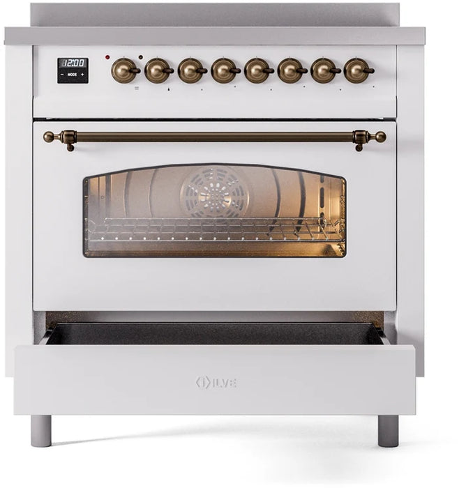 Ilve UPI366NMPWHB 36 in Nostalgie II Induction Range, 6 Elements, Triple Glass Door, White, Burnished Trim