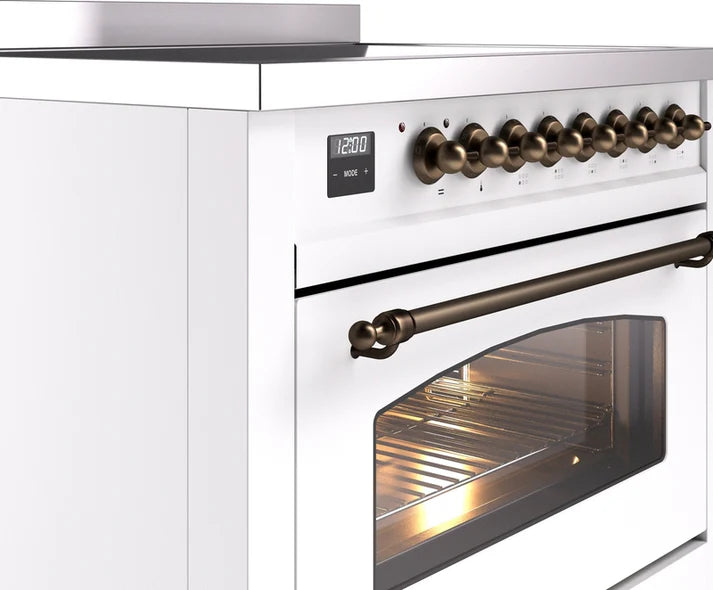 Ilve UPI366NMPWHB 36 in Nostalgie II Induction Range, 6 Elements, Triple Glass Door, White, Burnished Trim