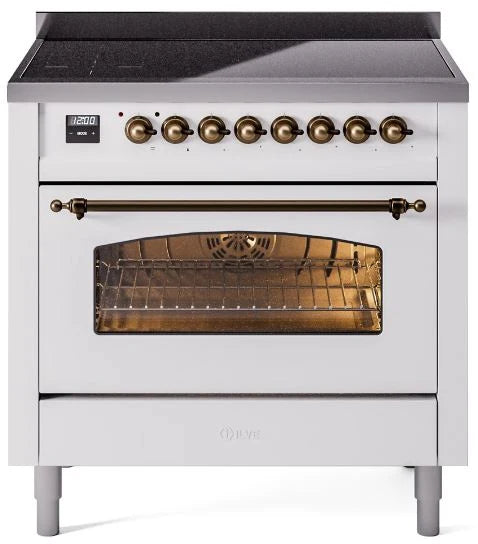 Ilve UPI366NMPWHB 36 in Nostalgie II Induction Range, 6 Elements, Triple Glass Door, White, Burnished Trim
