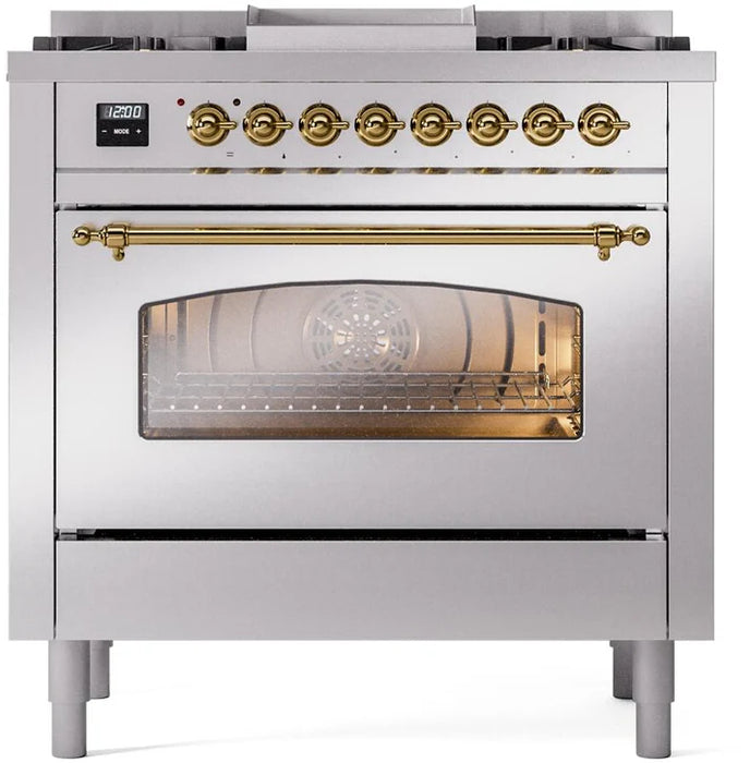 Ilve UP36FNMPSSGLP 36 in Nostalgie II Dual Fuel Range, 6 Burners, Griddle, Convection Oven, Stainless Steel, Brass, LP Gas