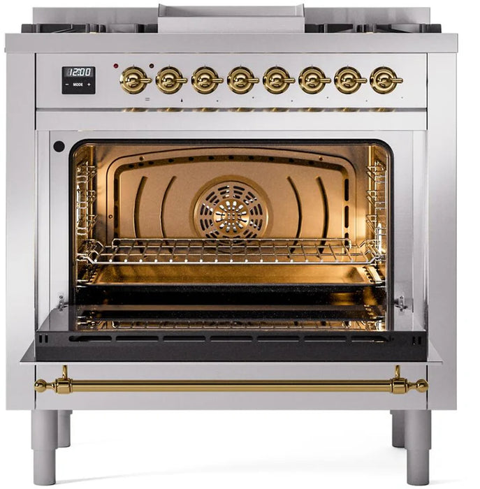 Ilve UP36FNMPSSGLP 36 in Nostalgie II Dual Fuel Range, 6 Burners, Griddle, Convection Oven, Stainless Steel, Brass, LP Gas