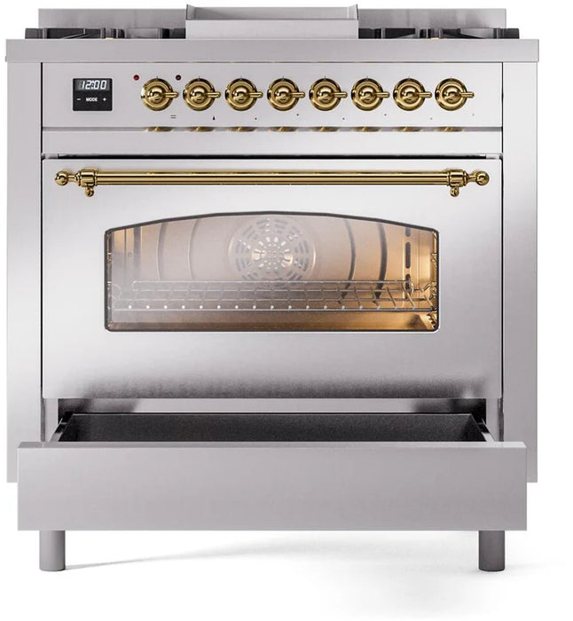 Ilve UP36FNMPSSGLP 36 in Nostalgie II Dual Fuel Range, 6 Burners, Griddle, Convection Oven, Stainless Steel, Brass, LP Gas