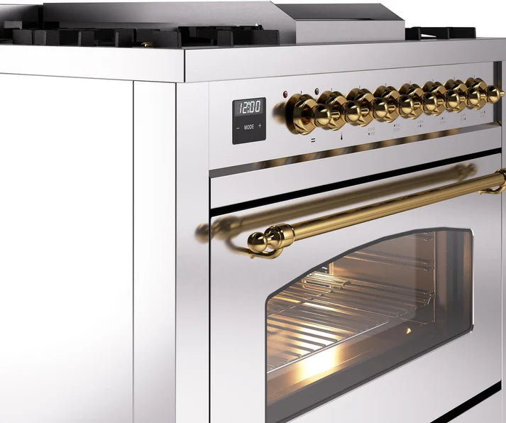 Ilve UP36FNMPSSGLP 36 in Nostalgie II Dual Fuel Range, 6 Burners, Griddle, Convection Oven, Stainless Steel, Brass, LP Gas