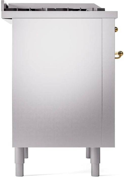 Ilve UP36FNMPSSGLP 36 in Nostalgie II Dual Fuel Range, 6 Burners, Griddle, Convection Oven, Stainless Steel, Brass, LP Gas