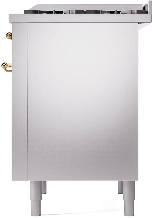 Ilve UP36FNMPSSGLP 36 in Nostalgie II Dual Fuel Range, 6 Burners, Griddle, Convection Oven, Stainless Steel, Brass, LP Gas