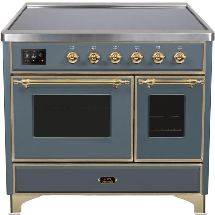 Ilve UMDI10NS3BGG 40 in Majestic II Induction Range, 6 Elements, Double Oven, Blue Grey, Brass