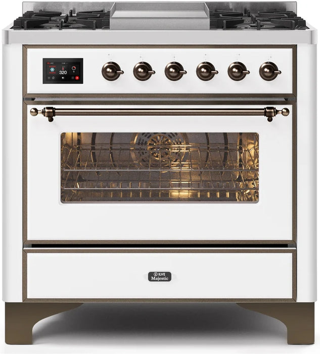 ILVE Majestic II 36" Dual Fuel Natural Gas Range in White with Burnished Trim, UM09FDNS3WHB