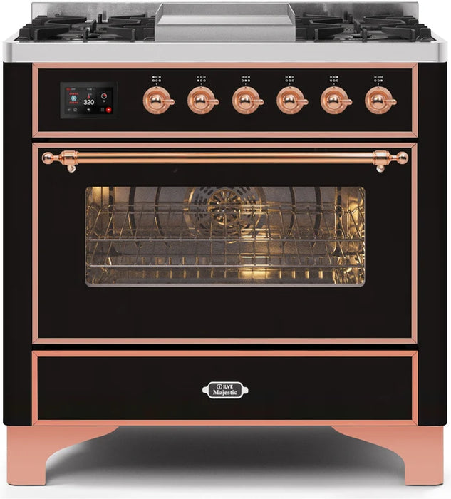 Ilve UM09FDNS3BKP Majestic II 36-Inch Freestanding Dual Fuel Range – 6 Brass Burners, Griddle, Convection Oven, Glossy Black with Copper Trim