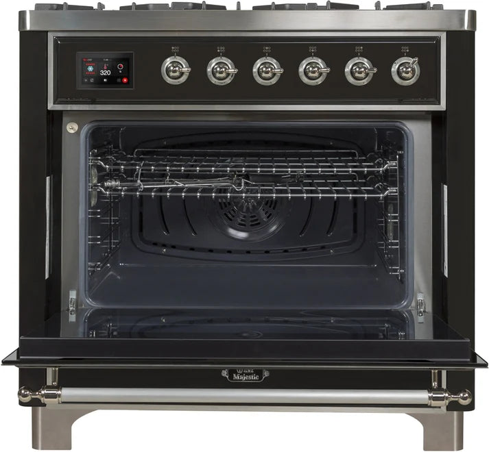 Ilve UM09FDNS3MGC Majestic II 36-Inch Freestanding Dual Fuel Range with 6 Sealed Black Brass Burners, Griddle, Electric Convection Oven, TFT Display, Warming Drawer – Matte Graphite with Chrome Trim