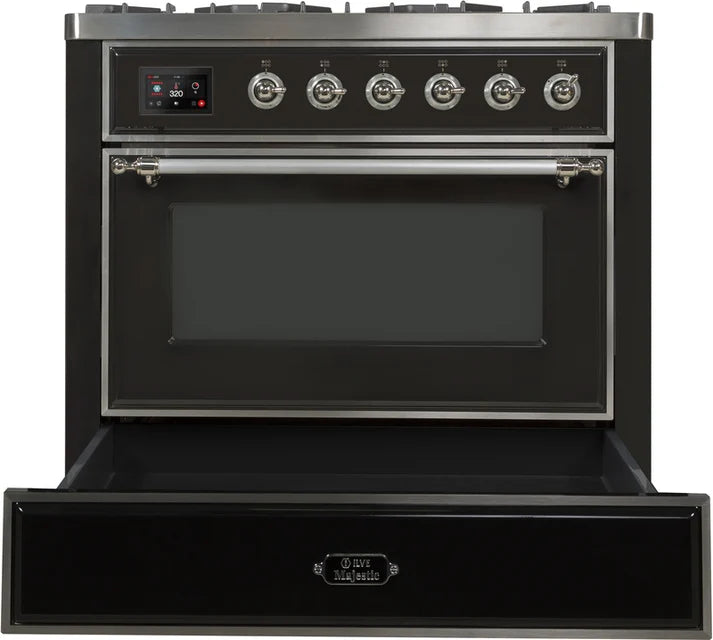Ilve UM09FDNS3MGC Majestic II 36-Inch Freestanding Dual Fuel Range with 6 Sealed Black Brass Burners, Griddle, Electric Convection Oven, TFT Display, Warming Drawer – Matte Graphite with Chrome Trim