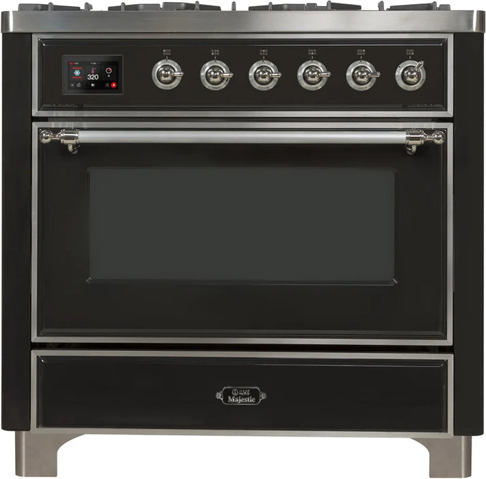 Ilve UM09FDNS3MGC Majestic II 36-Inch Freestanding Dual Fuel Range with 6 Sealed Black Brass Burners, Griddle, Electric Convection Oven, TFT Display, Warming Drawer – Matte Graphite with Chrome Trim