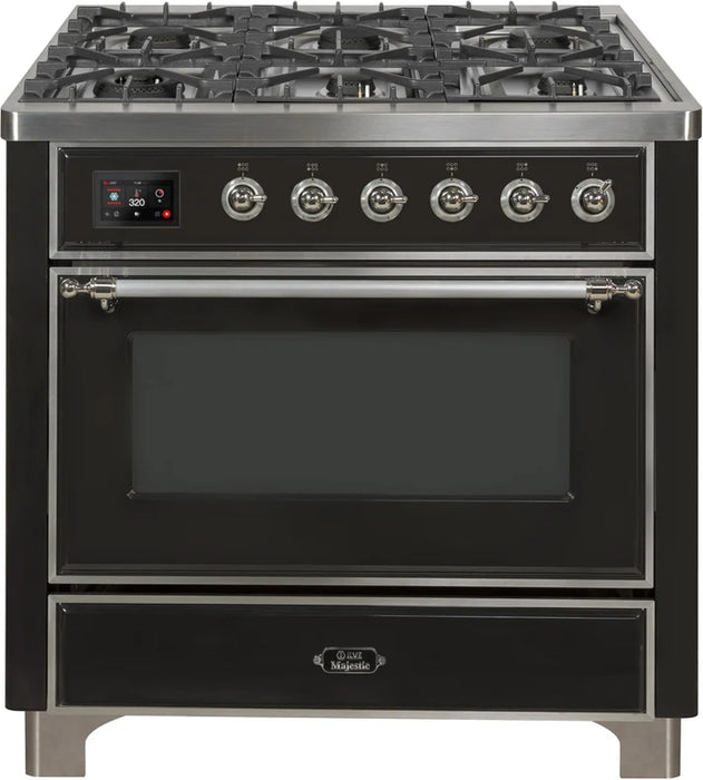 Ilve UM09FDNS3MGC Majestic II 36-Inch Freestanding Dual Fuel Range with 6 Sealed Black Brass Burners, Griddle, Electric Convection Oven, TFT Display, Warming Drawer – Matte Graphite with Chrome Trim