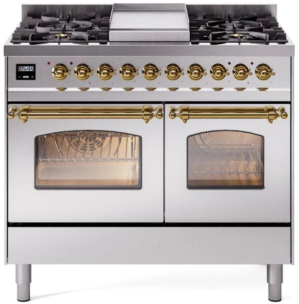 Ilve UPD40FNMPSSGLP 40 in Nostalgie II Dual Fuel Range, 6 Burners, Griddle, Double Oven, Stainless Steel, Brass, LP Gas