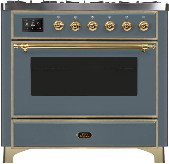 Ilve UM09FDNS3BGG Majestic II 36-Inch Freestanding Dual Fuel Range – 6 Brass Burners, Griddle, Convection Oven, Blue Grey with Brass Trim